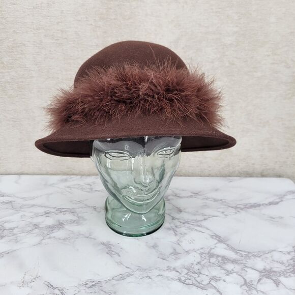 Arlington Hat Co Wool Chocolate Brown With feather band Bucket Hat Church Felt - Picture 2 of 16